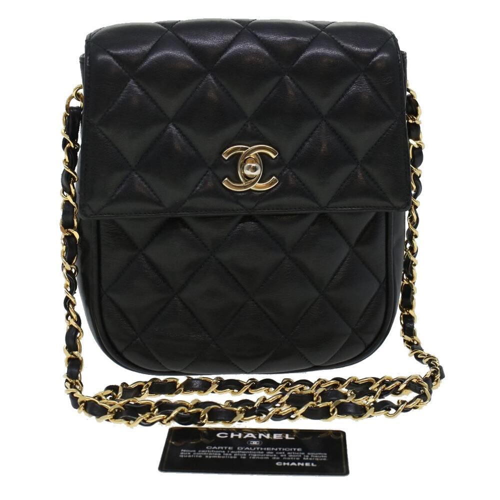 CHANEL Matelasse Turn Lock Chain Shoulder Bag Lamb Skin Black CC